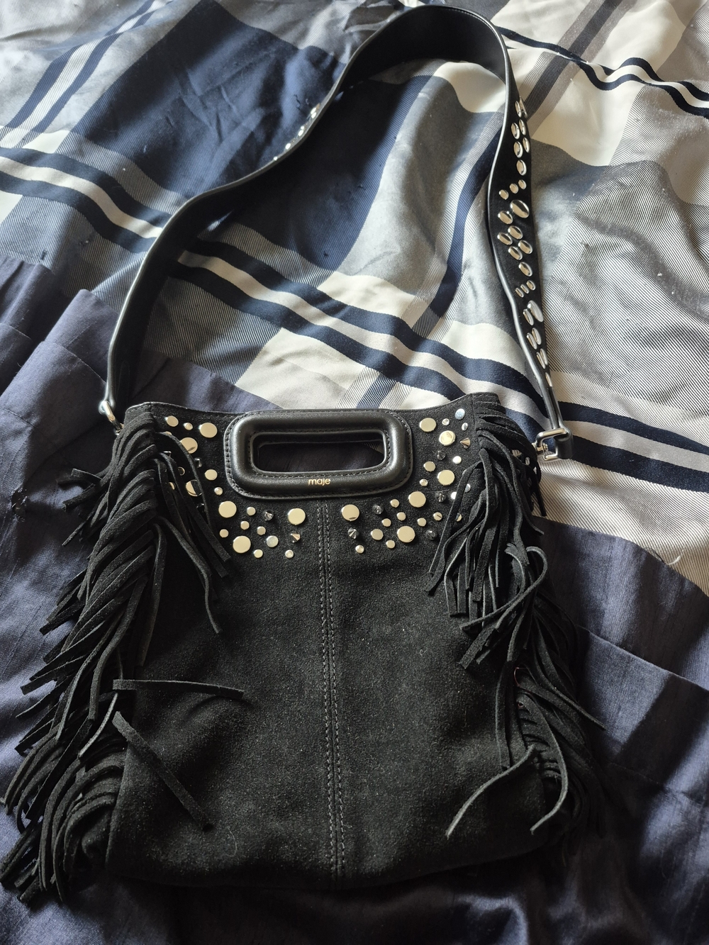Maje Black Suede Fringe Shoulder Bag with Silver Studs